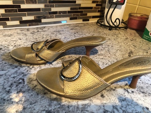 Dr Scholl's Opal Kitten Heel Gold Leather Slip-On Rhinestone Sandals 9.5 M - Picture 2 of 8