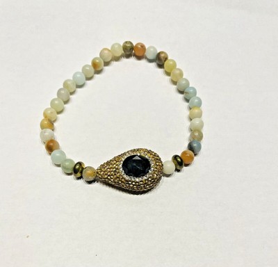 Plus Size Bracelet Black Jet and Crystal with Amazonite Beads 9 inch
