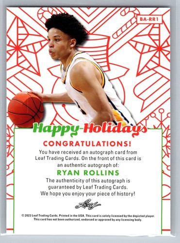 2023 Leaf #BA-RR1 Ryan Rollins Happy Holidays Autograph - Picture 2 of 2