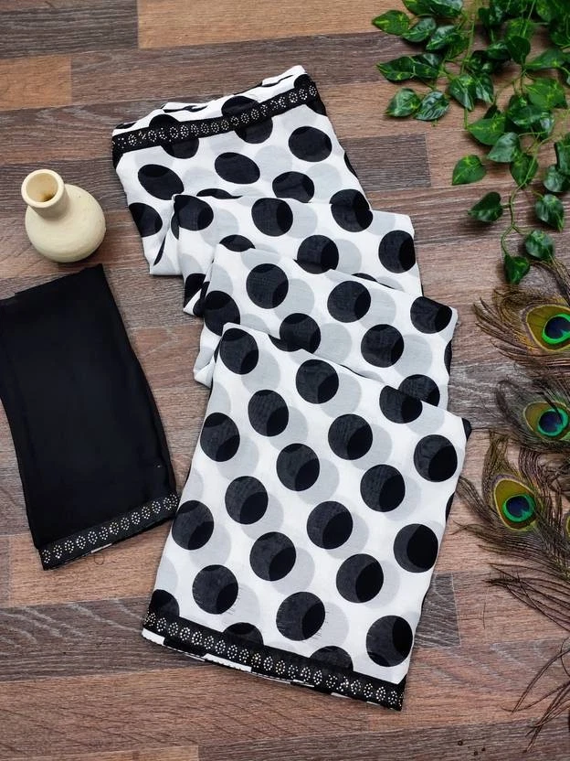 Черно-белое жоржетское сари в горошек с блузкой индийское сари - Изображение 3 из 3