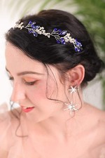 Bride Wedding Blue Crystal Headband Hair Vine Handmade Bridal Navy Blue Headb...