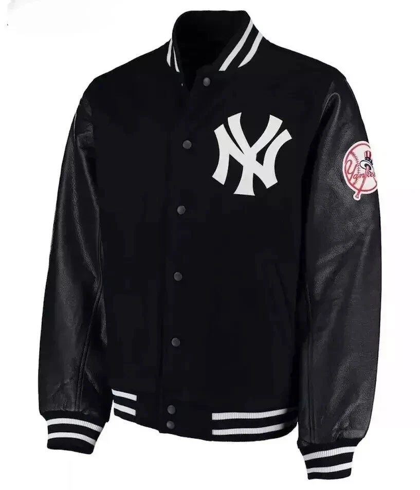 New York Yankees Baseball Varsity Jacket Black Wool & Leather Bomber Style Coat image 1