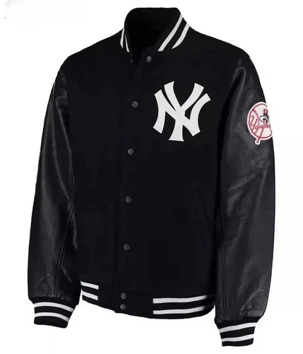 New York Yankees Baseball Varsity Jacket Black Wool & Leather Bomber Style Coat - product listing photo
