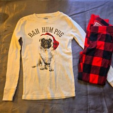 Kids Old Navy Pajama Set L 10 Bah Hum Pug Long Sleeve Top Red Plaid Pants