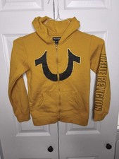 True Religion Hoodie Boys Size 7 Yellow Logo Full Zip Fleece Sweatshirt Pockets