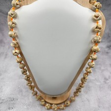 Tan Seashell Cluster Necklace Orange Beads Long Coastal Boho Statement Vintage