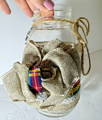 Rustic Mason Jar Decor with Burlap Flower & Plaid Ribbon - Farmhouse Style