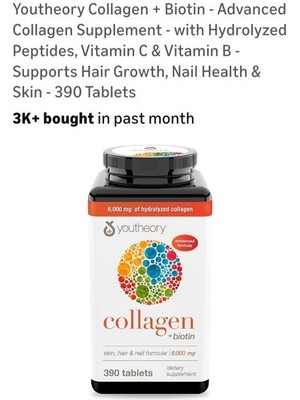 Youtheory Collagen Biotin Vitamin C B 6000mg Tablets Hair Skin Nail Health 390ct