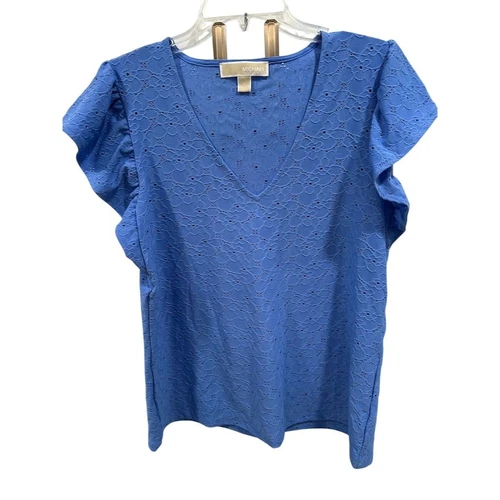 Camicetta Michael Kors donna TG L blu con occhielli in pizzo e maniche a volant SI12