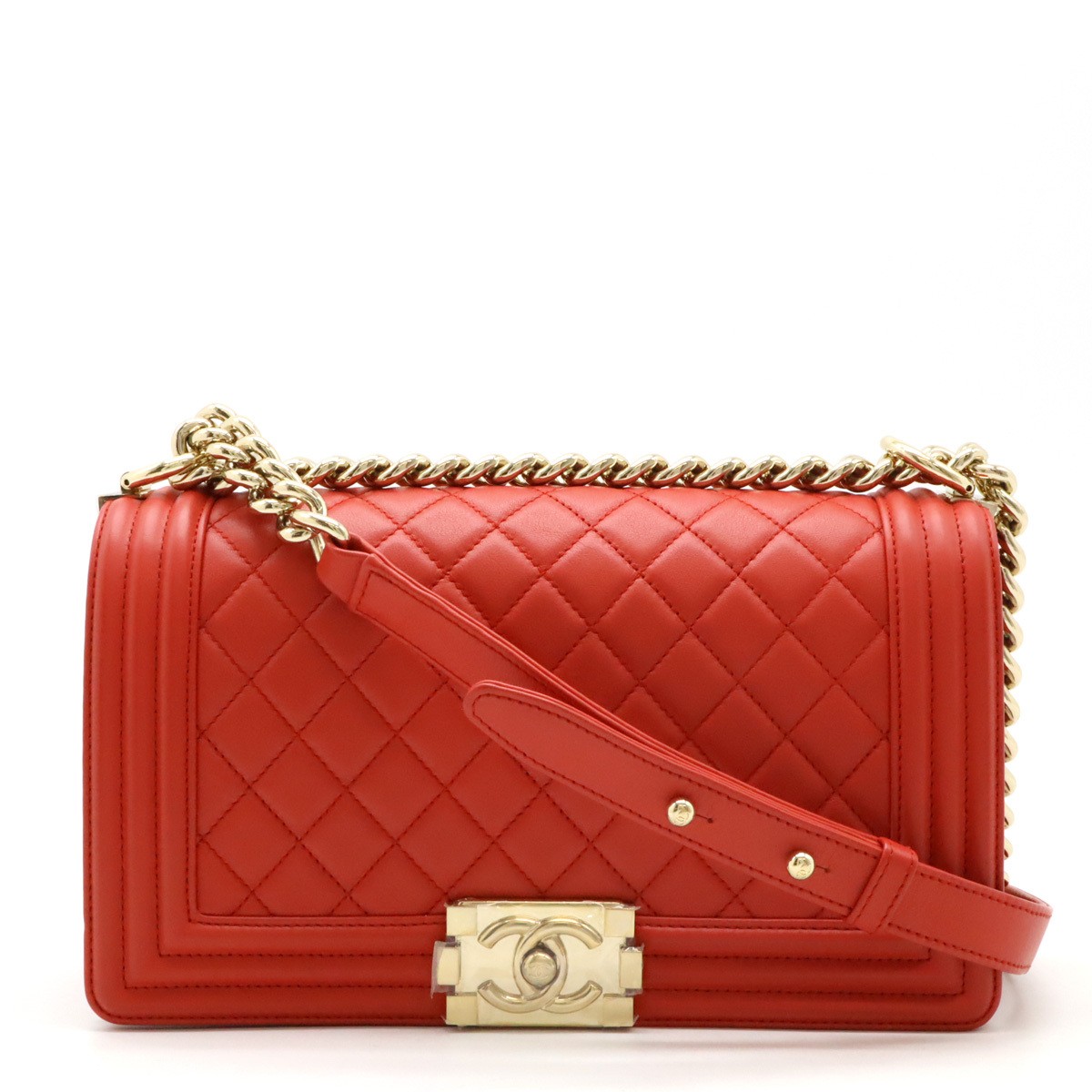 CHANEL Boy Matelassé Leather Crossbody Bag in Red with Chain Strap