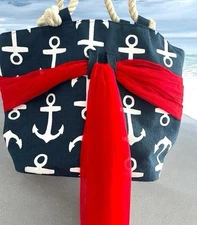 Beach Bag Mud Pie Oversize Large Jute Tote Mud Pie Removable Sarong Blue Anchors