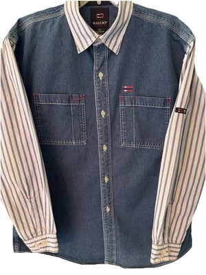 Vintage Y2K Bugle Boy Denim Jean & Stripe Shirt Button Up Sz Large Logo Pockets