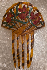 Vintage 1900s Art Nouveau Celluloid Hair Comb Red Flowers Green Vine Rhinestones
