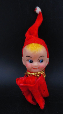 Knee Hugger Christmas Pixie Elf Red Felt Blond Hair Napco 4'' Vintage