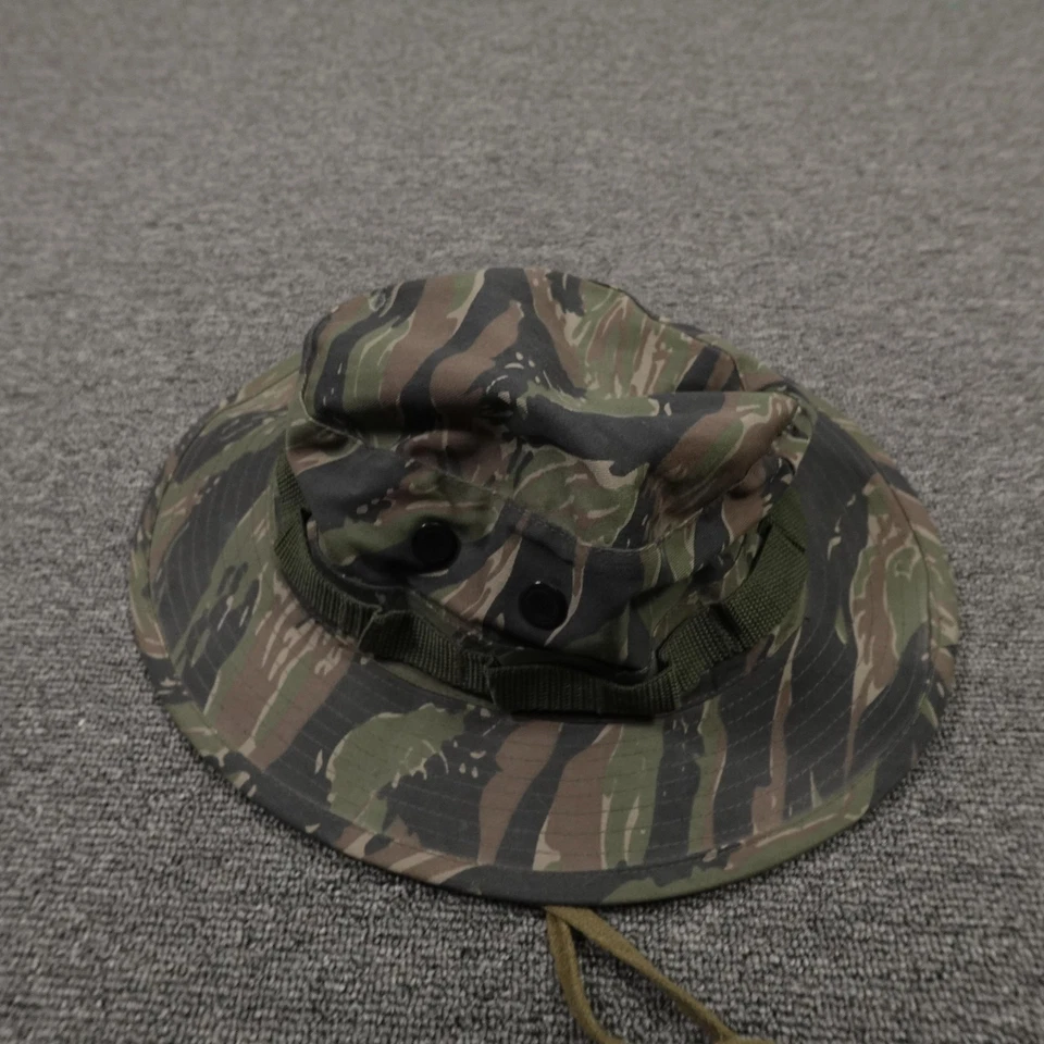 Military Tiger Stripe Camo Hat Boonie Fitted Mens 7 1/2 Green Chin Strap - Image 2 of 4