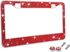 Red Bling Rhinestone License Plate Frame Stainless Steel Universal Fit Auto Deco