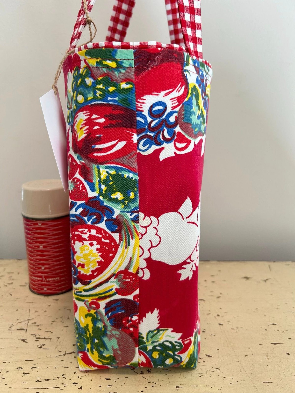 NEW Vintage Kitchen Fruit Red Gingham Tablecloth Tote Market Reusable Bag Gift 