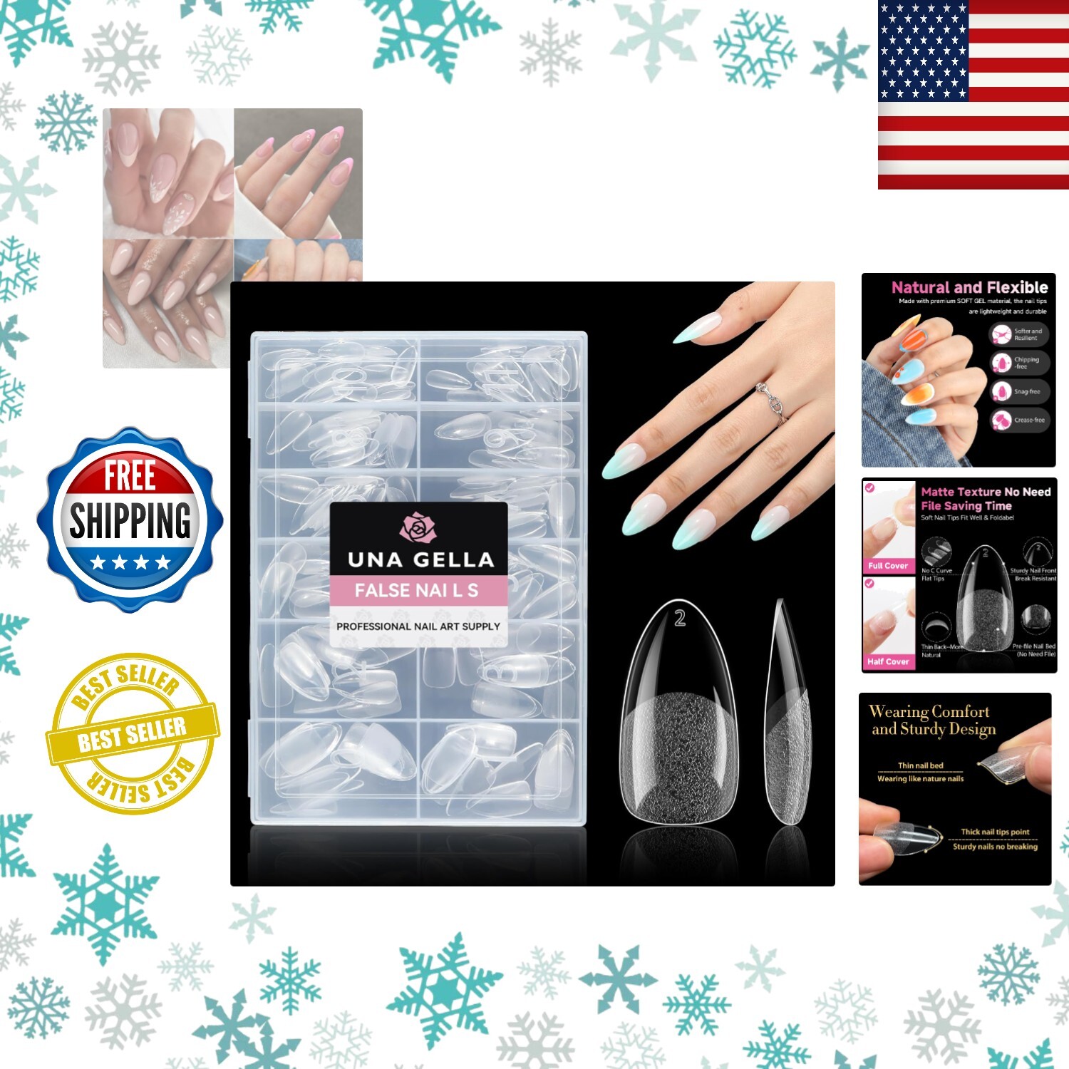 UNA GELLA 216 puntas de uñas de almendra, gel de almendra puntiaguda, puntas...