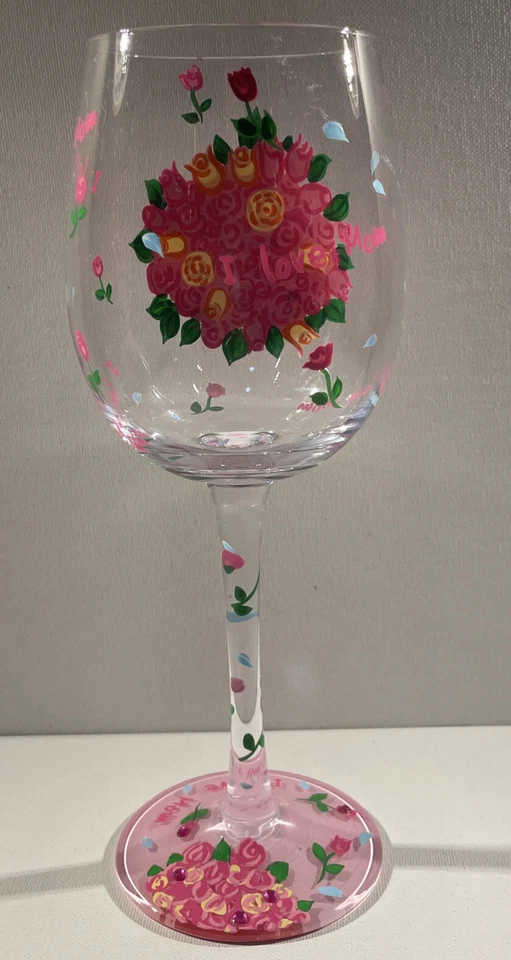 Santa Bárbara LOLITA "I Love Mom" VIDRIO DE VINO pintado a mano flores día de la madre Foto 4 de 4