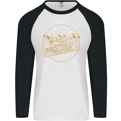 Gold Locomotive Steam Engine Train Spotter Mens L/S Baseball T-Shirt