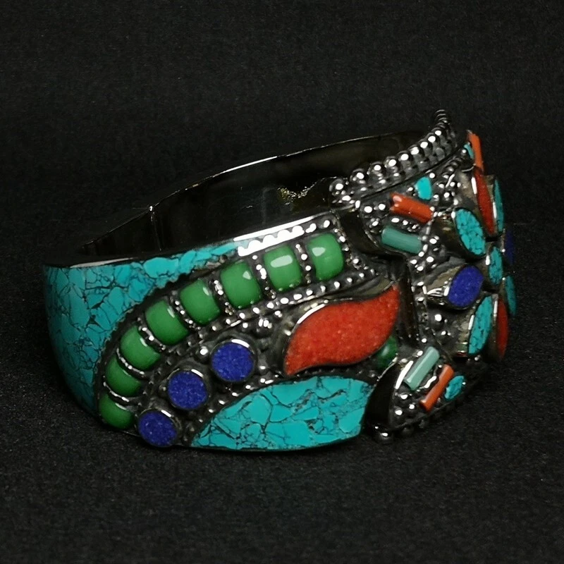 Antiguo Brazalete Chino Tíbet Incrustación Plata Turquesa Coral Mellite Colección Foto 3 de 4