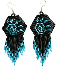 HANDMADE NATIVE STYLE BEAR PAW BLUE BLACK BEADED EARRINGS