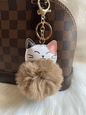 Calico cat bag charm Pom Pom Keychain Brown Tan Fluffy cute kawaii
