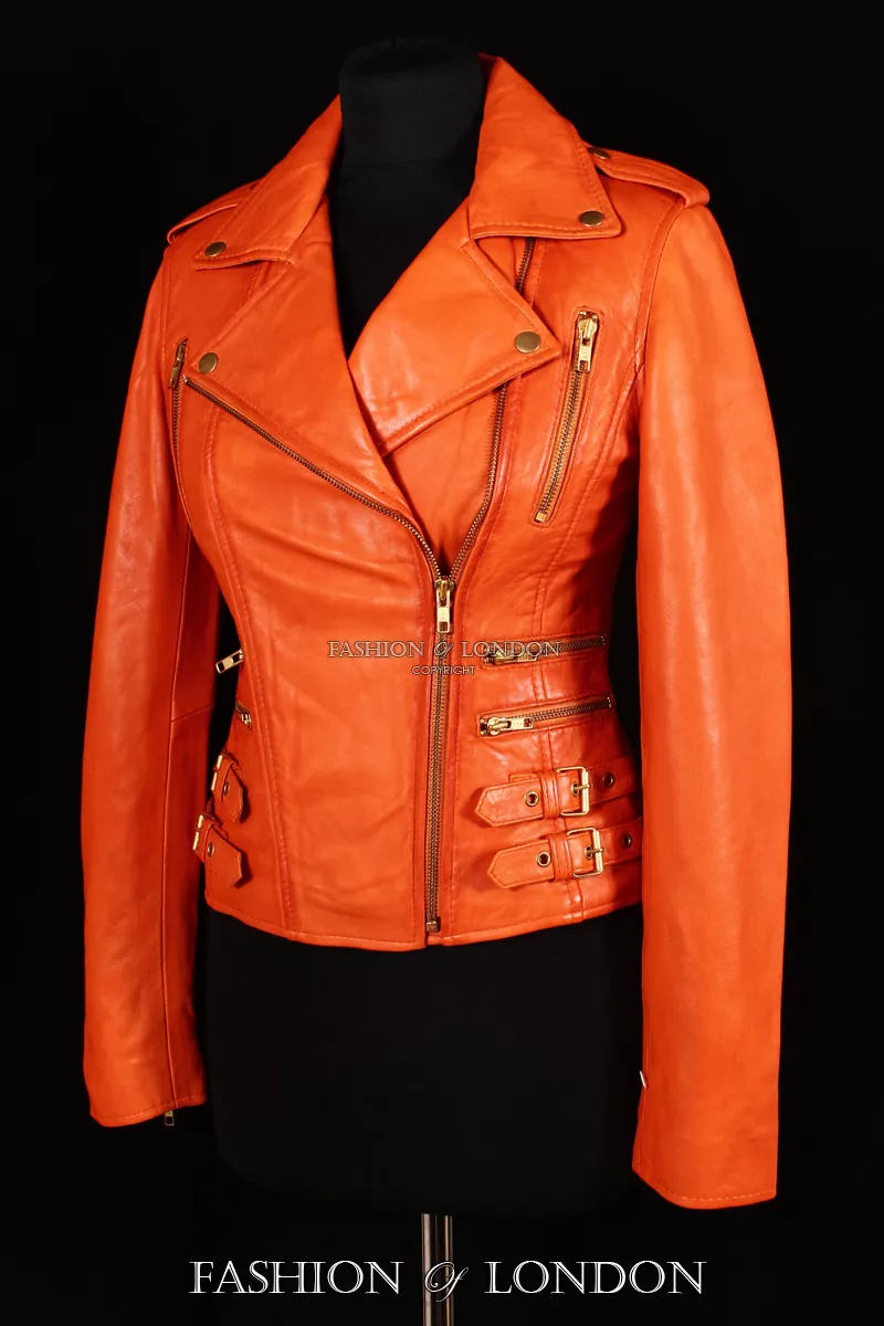 Ladies CATWALK Orange Washed Lambskin Vintage Biker Style Real Leather Jacket