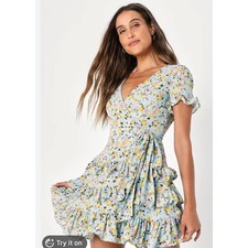 Lulus Floral Wrap Dress Blue Yellow Ruffle Tiered Mini Dress Size Small