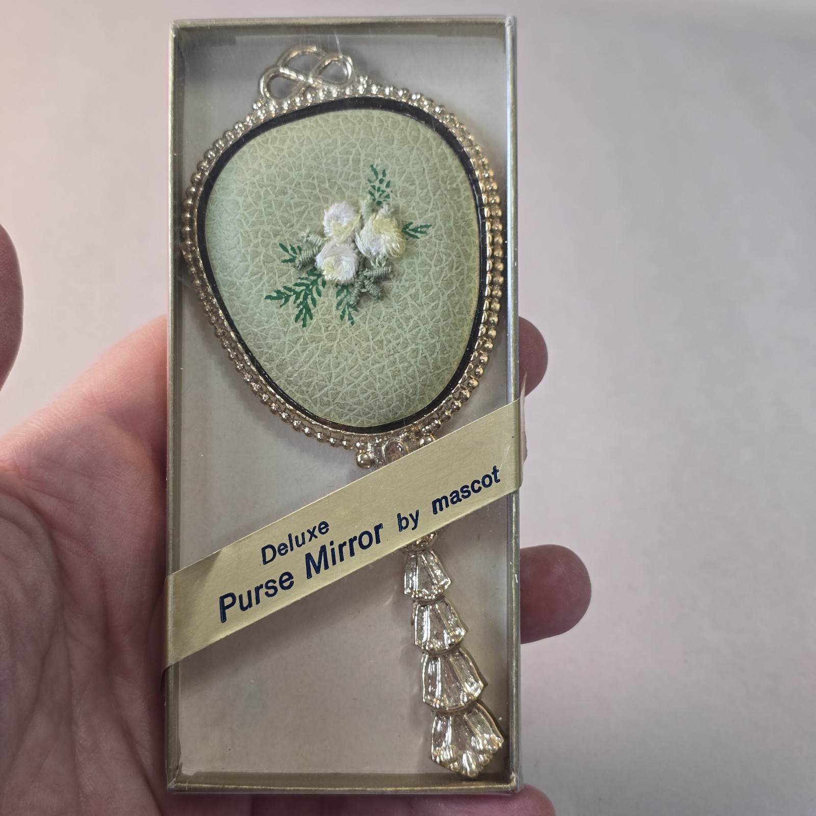 Vintage 5" Long Deluxe Purse Hand Mirror Petit Point Floral Vanity Decor