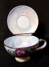 Vintage Fine China Footed Cup & Saucer Lusterware Finish Pansies with Gold Gild