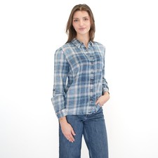 Womens Check Shirt Blue Denim Blouse Long Sleeve Distressed Button Up Pockets