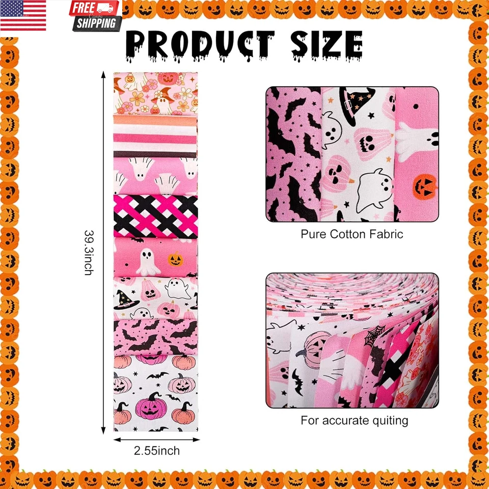 Tiras de tela de gelatina de algodón rosa Halloween 40 piezas tiras de tela de calabaza fantasma murciélago Foto 2 de 4