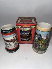 3 Budweiser Mugs, 2 Holiday, 1 Football 
