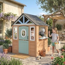 Playhouse for Kids, Wooden Wendy House with Pet Door and Play Kitchen, Natural