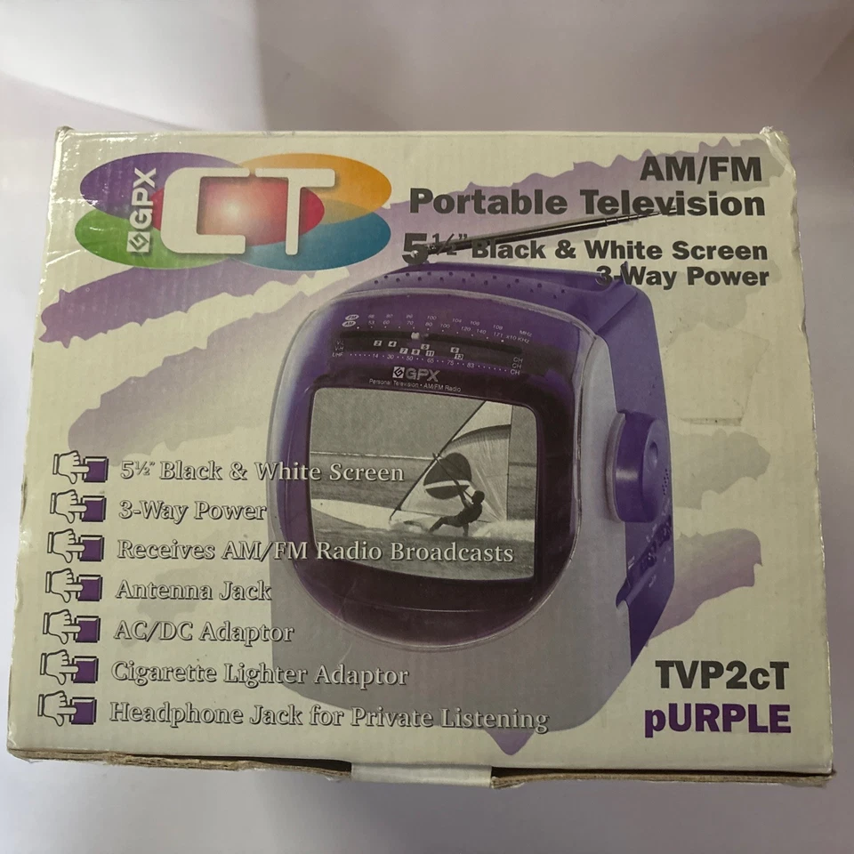 Televisión portátil GPX CT púrpura TVP2cT AM/FM 5 1/2" TV blanco y negro Foto 3 de 4