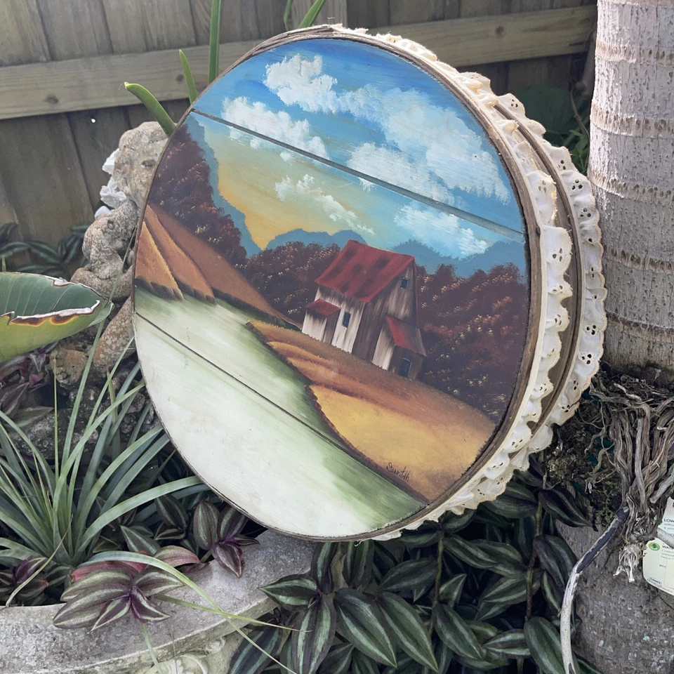 Винтажная шейкерная деревянная коробка из кедра с ручной росписью подписанная сцена с крышкой - Изображение 2 из 4