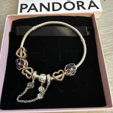 Stunning Genuine PANDORA Bracelet with Safety Chain and Five Charms Pansies VGC