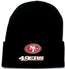 San Francisco 49ers flat applique logo on Black beanie  cap hat. See details