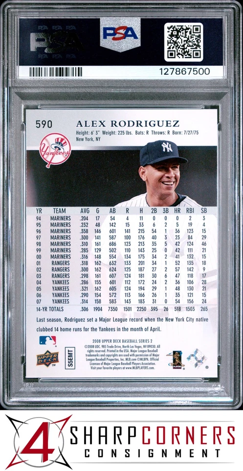 2008 UPPER DECK #590 ALEX RODRIGUEZ YANKEES PSA 10 - Image 2 of 3