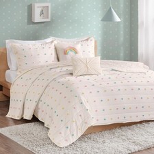 Intelligent Design Kids Quilt Set Cotton Jacquard Weave Colorful Poms Accent