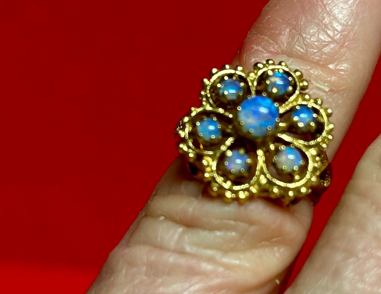 14K Solid Gold Opal Flower Cluster Ring - Size 4