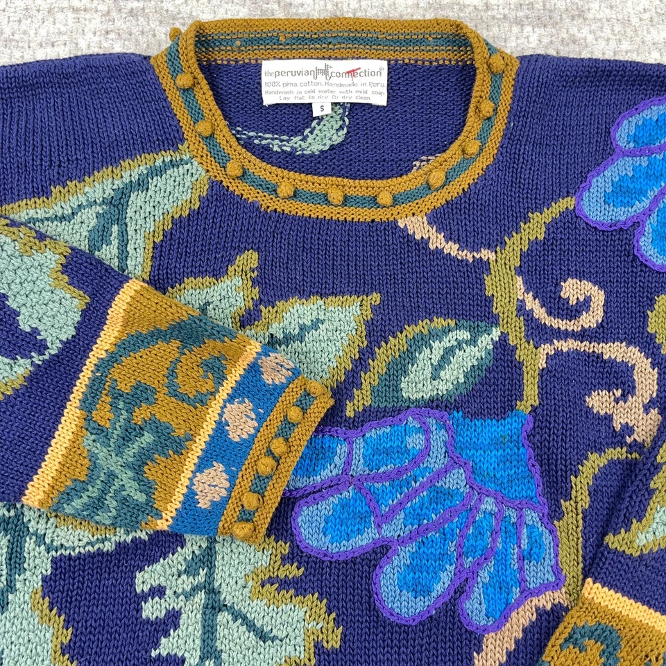 Винтажный перуанский свитер женский маленький синий Pima бабушка богемное 90-е - Изображение 2 из 4