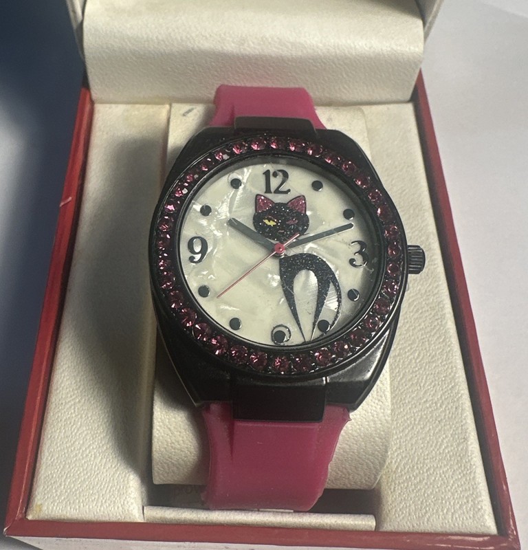 Kitschy !-New Bongo Wristwatch-Mid Century Modern Cat design-Pink  Band-runs