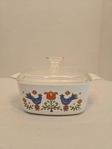 VTG 1975 Corning Ware Country Festival 1.5 Qt Casserole A-1 1/2 Pyrex Lid Birds
