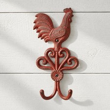 Rooster Wall Hook, Red Cast Iron Country Kitchen for Keys or Towels, 9.6"