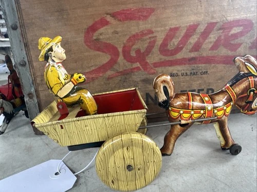 Vintage Louis Marx Balky Mule Cart & Donkey Tin Lithograph Wind-Up Toy