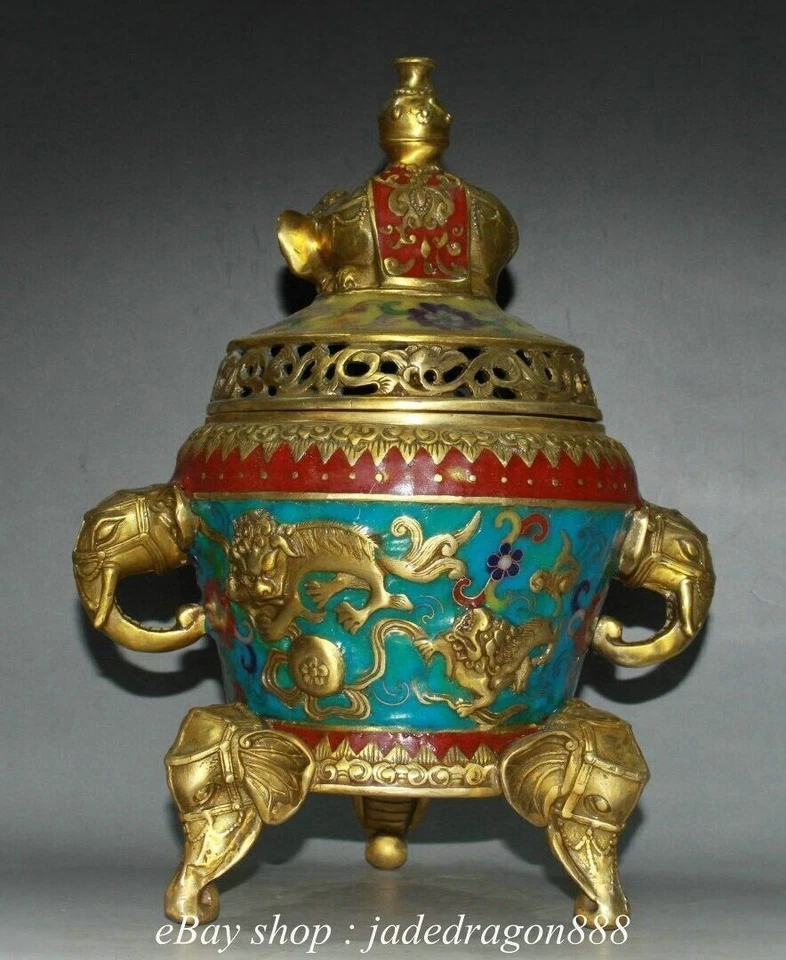 11.2" XuanDe Marked China Copper Cloisonne Elephant Foo Dog Incense Burner - Image 3 of 4