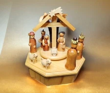 Vintage Hand Carved Wooden Nativity Scene Music Box Plays Silent Night Works