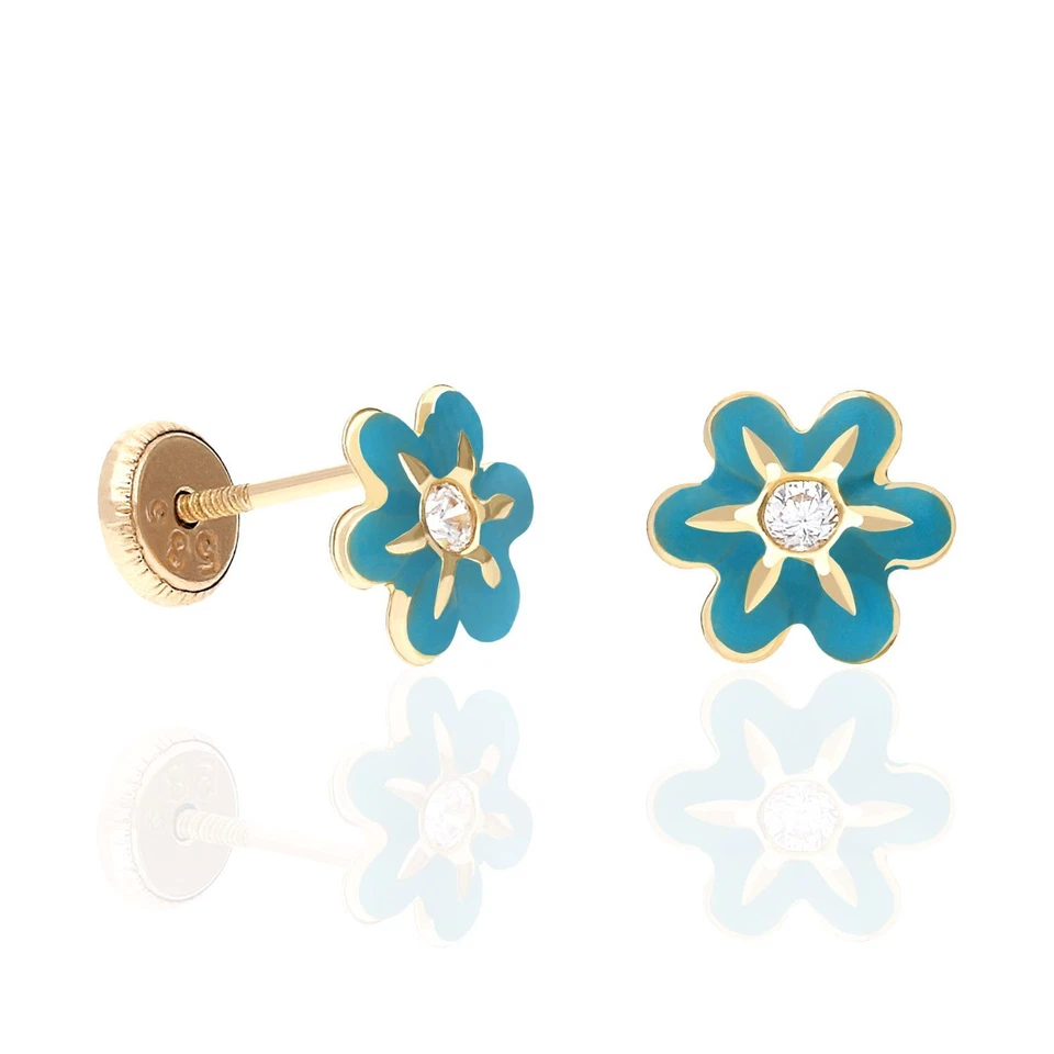 Aretes para bebé con flores de circonita cúbica esmaltadas en oro de 14 quilates para niños de 7 mm Foto 4 de 4